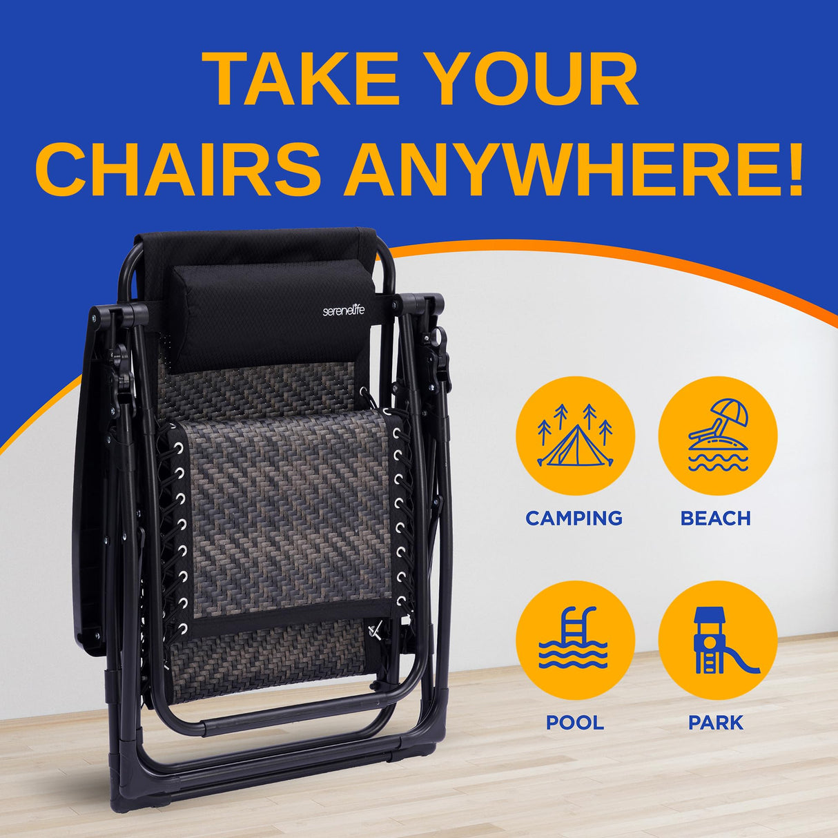 SereneLife Outdoor Zero Gravity Lawn Chair Black Adjustable Foldable Recliner with Detachable Side Table Cup Holder Padded Pillow Lightweight Patio Furniture Reclining Chair for Outdoors SereneLife