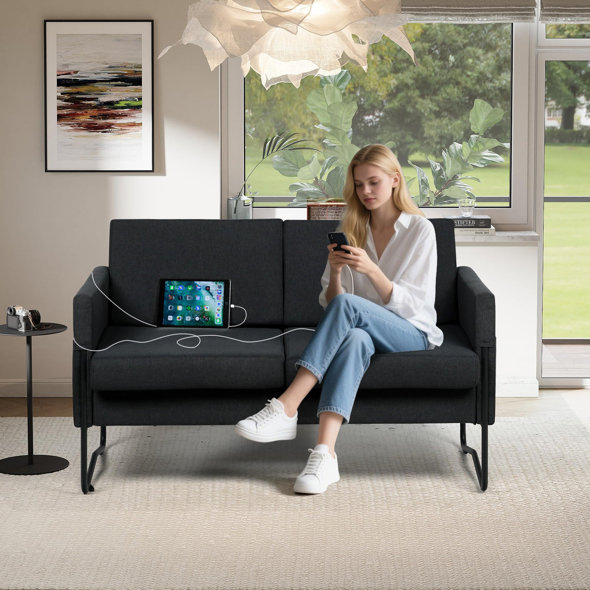 STHOUYN 51” Small Loveseat Sofa for Small Spaces, Comfy Black Couch with 2 USB Ports, Modern 2 Person Loveseats for Living Room Bedroom, Mini Teen Office Couch (Black) STHOUYN