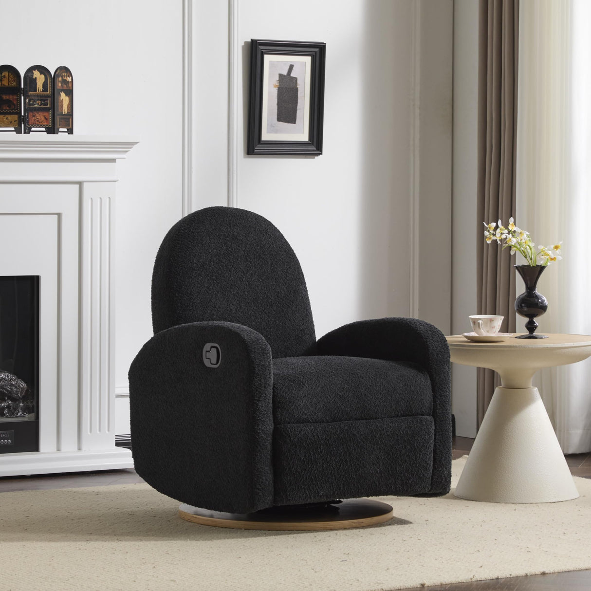 GDFStudio Swivel Glider Recliner Chair Nursery Rocker Recliner Chair with Boucle Upholstered High Back Single Seat Sofa Chair with Deep Seat Manual Nursing Reclining for Living Room, Black GDFStudio