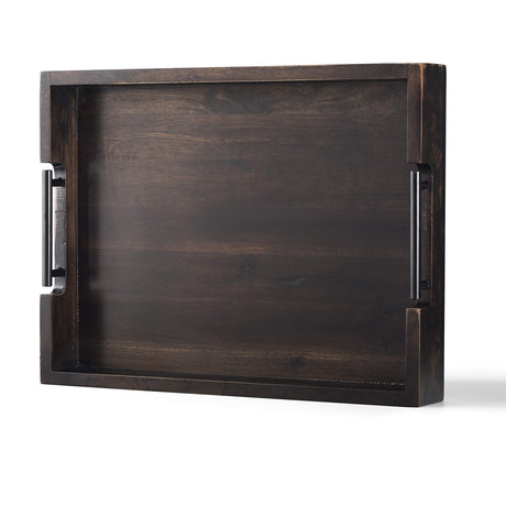 Ottoman Tray, Acacia Wood Serving Tray with Metal Handles, 16.5x12.5in Food Drinks Tray for Coffee Table, Breakfast, Dinner & Bar, Rustic Decorative Storage Tray for Ottoman, Kitchen, Packaging RAKYTO