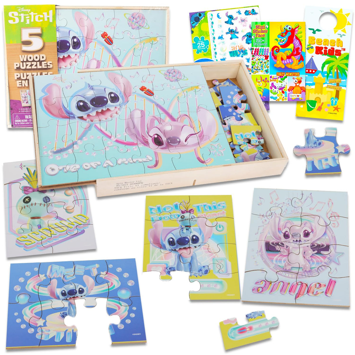 Stitch Wooden Puzzle 5 Pack - Stitch and Angel Wood Puzzles Bundle with Holding Tray Plus Tattoos, Activity Book, More for Boys, Girls | Stitch Jigsaw Puzzles for Kids Disney