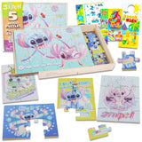 Stitch Wooden Puzzle 5 Pack - Stitch and Angel Wood Puzzles Bundle with Holding Tray Plus Tattoos, Activity Book, More for Boys, Girls | Stitch Jigsaw Puzzles for Kids Disney