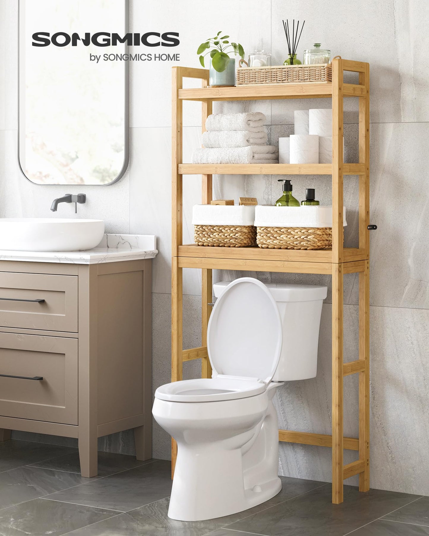 SONGMICS Over The Toilet Storage, 3-Tier Bamboo Over Toilet Bathroom Organizer with Adjustable Shelf, Fit Most Toilets, Space-Saving, Easy Assembly, Natural UBTS001N01