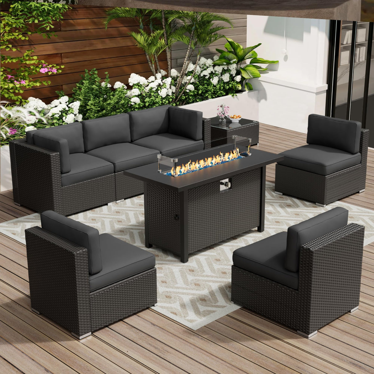 Oakcloud 8-Piece Outdoor Patio Furniture Sofa Set with 45” Propane Gas Fire Pit Table, Black Rattan Wicker Sectional Conversation Sets with Glass Top Tables and Cushions(Grey, w/Fire Pit Table) Oakcloud