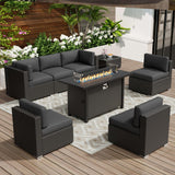 Oakcloud 8-Piece Outdoor Patio Furniture Sofa Set with 45” Propane Gas Fire Pit Table, Black Rattan Wicker Sectional Conversation Sets with Glass Top Tables and Cushions(Grey, w/Fire Pit Table) Oakcloud