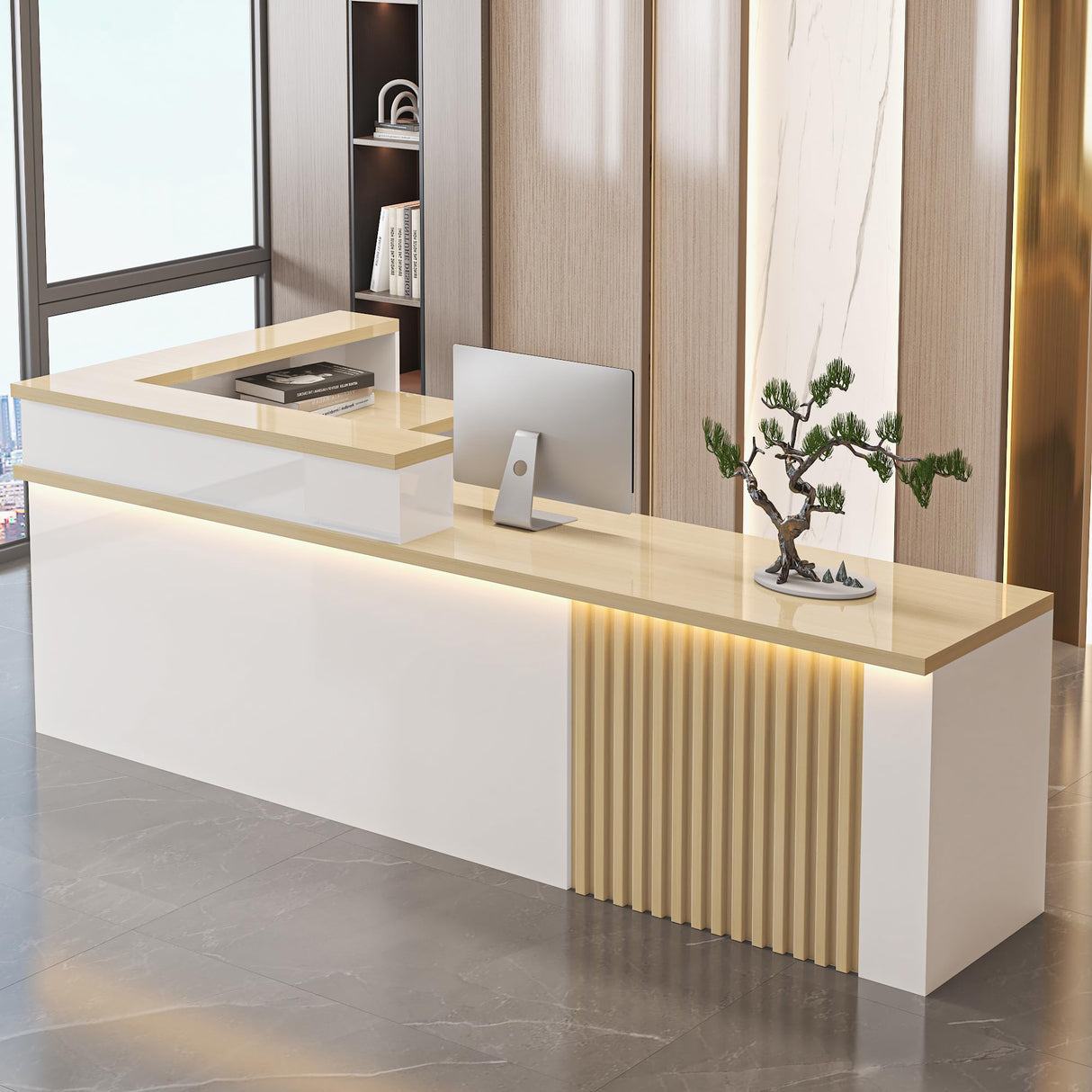 Modern Front Reception Desk, Commercial l Shaped Reception Desk with LED Light & Lockable Drawer, Modern Retail Checkout Sturdy & Well Built for Lobbies, Office, SOHO, Shop Generic