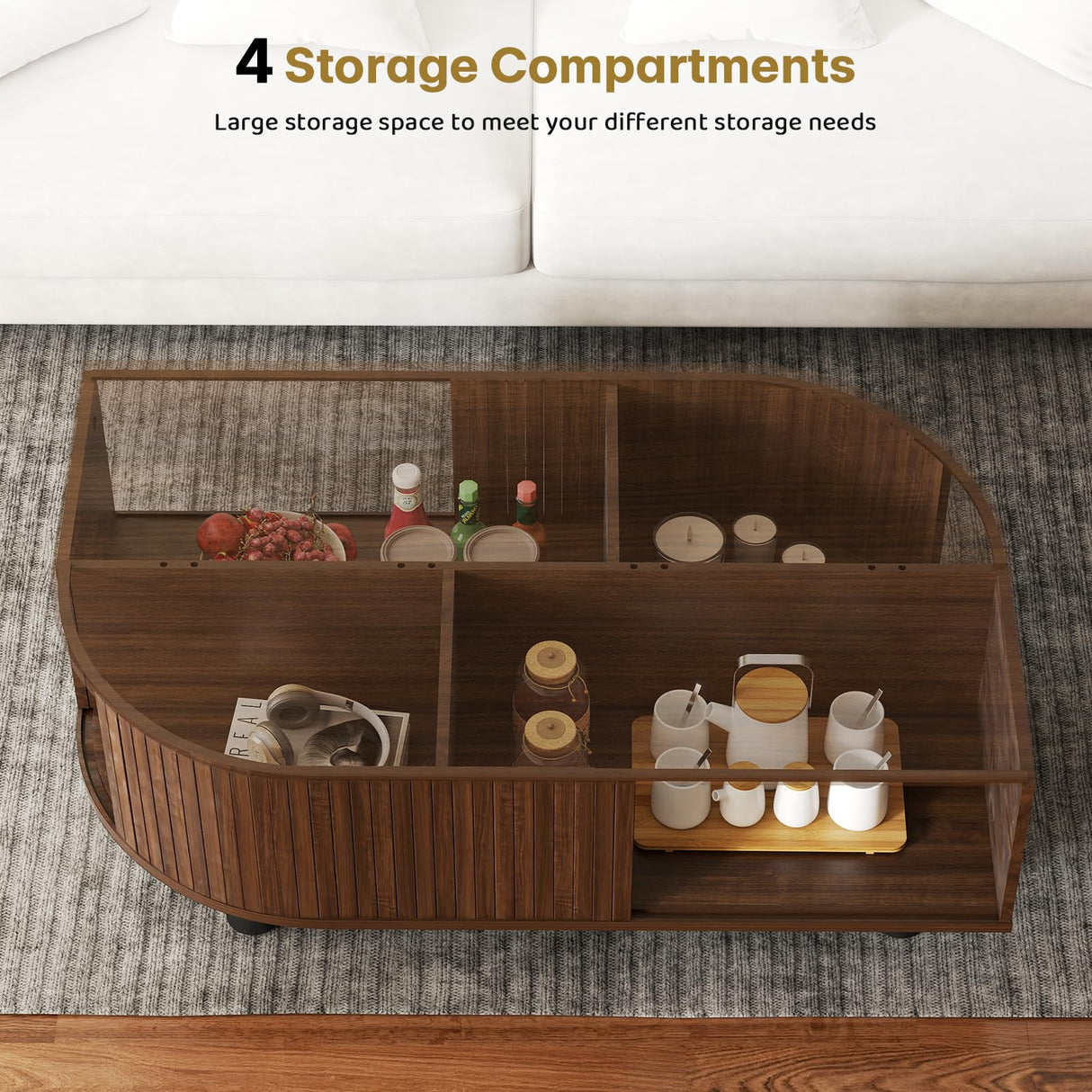sunmiler Mid-Century Modern 39.4" Coffee Table - Leaf-Shaped Wood Center Table with Storage, Retro Fluted Central Table with Sliding Door & Large Hidden Compartment, for Living Room, Office, Walnut sunmiler