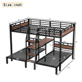 KALALLA Queen Over Twin Over Twin Metal BunkBed with Storage Stairs and Shelves, 3-in-1 Triple Bunk Bed with Headboard, Space Saving, for Kids Boys Girls Adults, Black KALALLA
