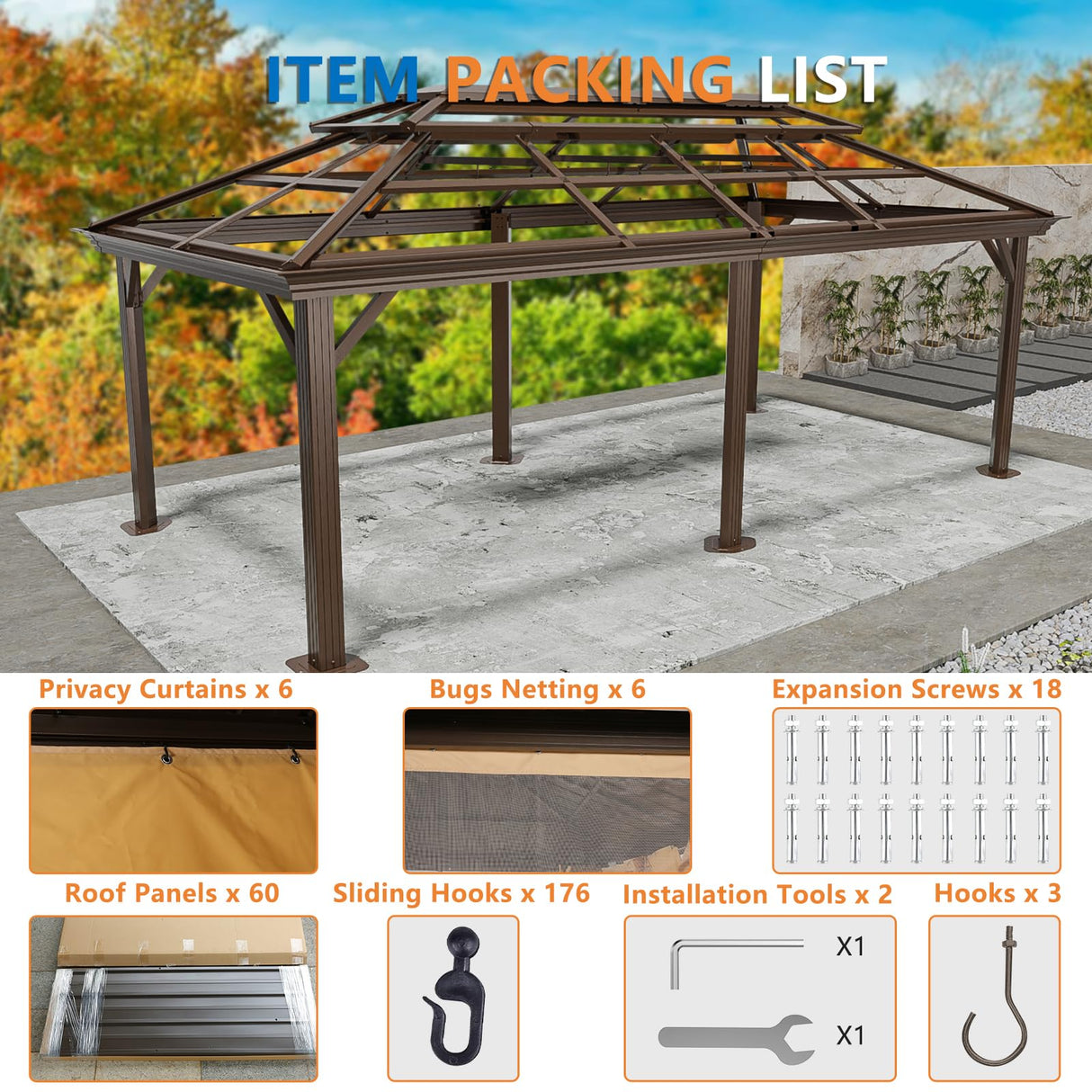 HOTEEL 12x20 Hardtop Gazebo with Metal Roof, Heavy Duty Galvanized Steel Gazebo with Reinforced Aluminum Frame, Flame-Resistant Curtains and Netting, Suitable for Gazebo 10x20, Brown (Upgraded 1.0) Hoteel