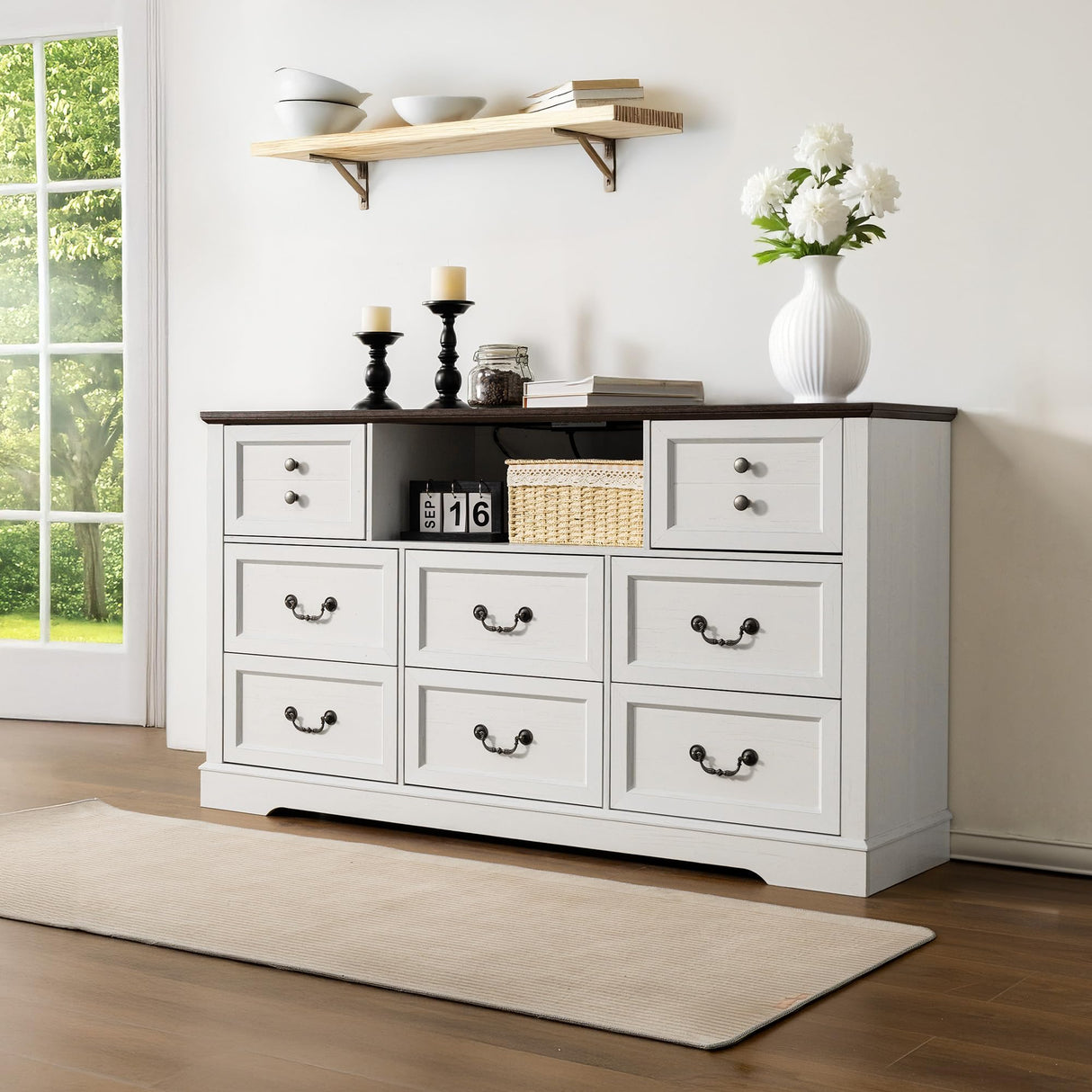 EnHomee 8 Drawers Dresser with Power Outlets and LED Lights,55" W Rustic Wooden Dressers & Chests of Drawers for Bedroom, Hallway, Closet, White, 55" W x 34.5" H x 15.7" D EnHomee