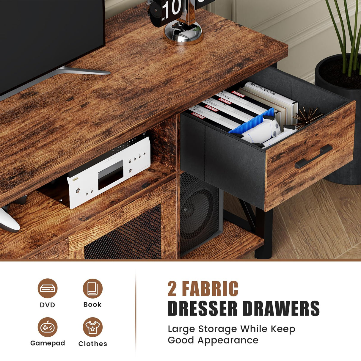 ALLSTAND TV Stand for 55 60 65 Inch TV, Entertainment Center with Fabric Drawers & Storage Cabinets, Industrial Media Console Table with Soundbar Shelf for Living Room, Bedroom, 55 Inches Rustic Brown ALLSTAND