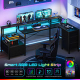 Yoobure L Shaped Desk with Drawers, Gaming Desk with LED Lights & Outlets, 75" Reversible Computer Desk with Storage File Cabinet & Printer Stand, Corner Desk Office Desk with Dual Monitor Stand Black Yoobure