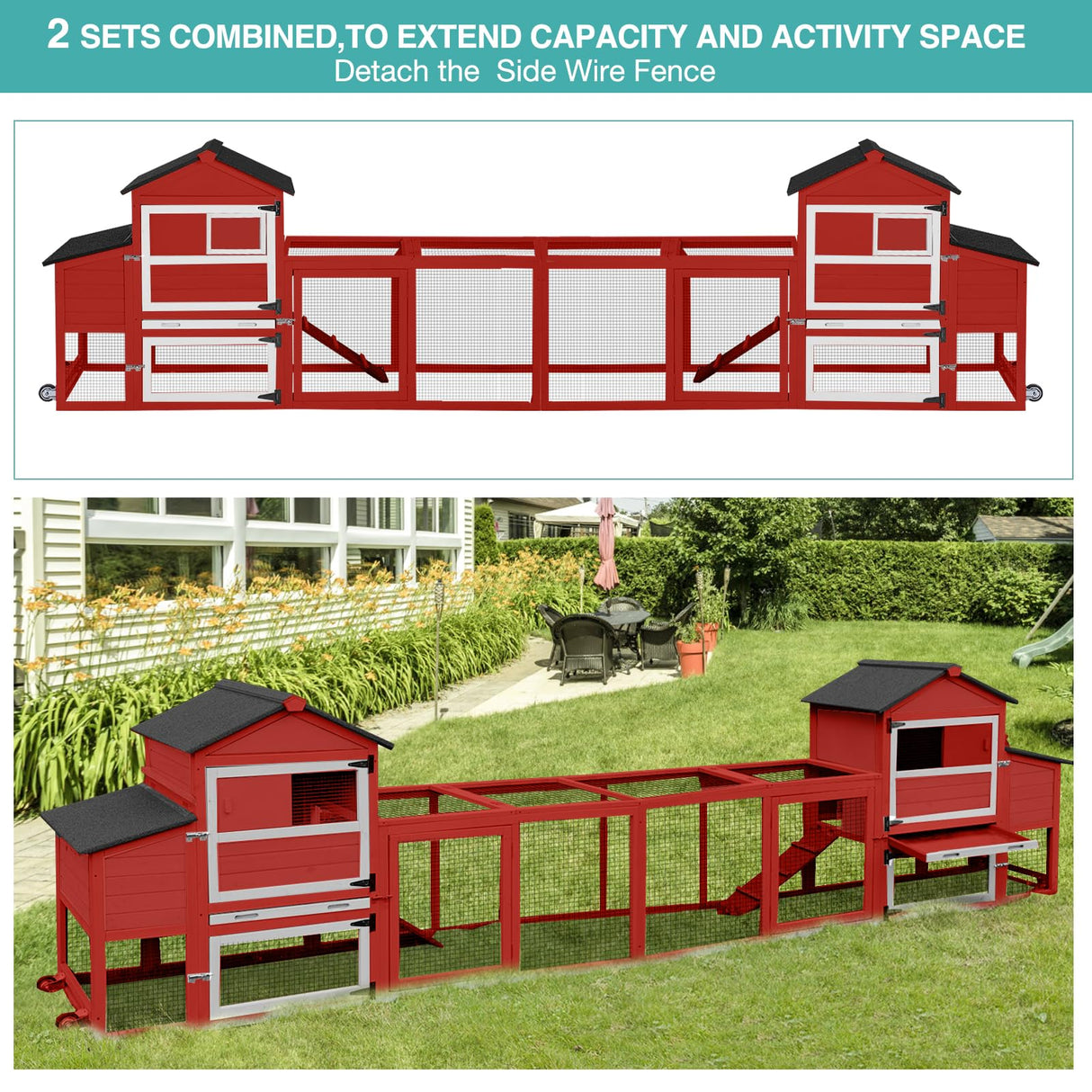 Chicken Coop for 2-4 Chickens,Outdoor Chicken House with Wheels, Nesting Box, Leakproof Pull-on Tray and UV-Resistant Roof Panel, Wooden Mobile Chicken Coop for Duck (Red, 70" L x 22" W x 44.1" H) Suumerpety