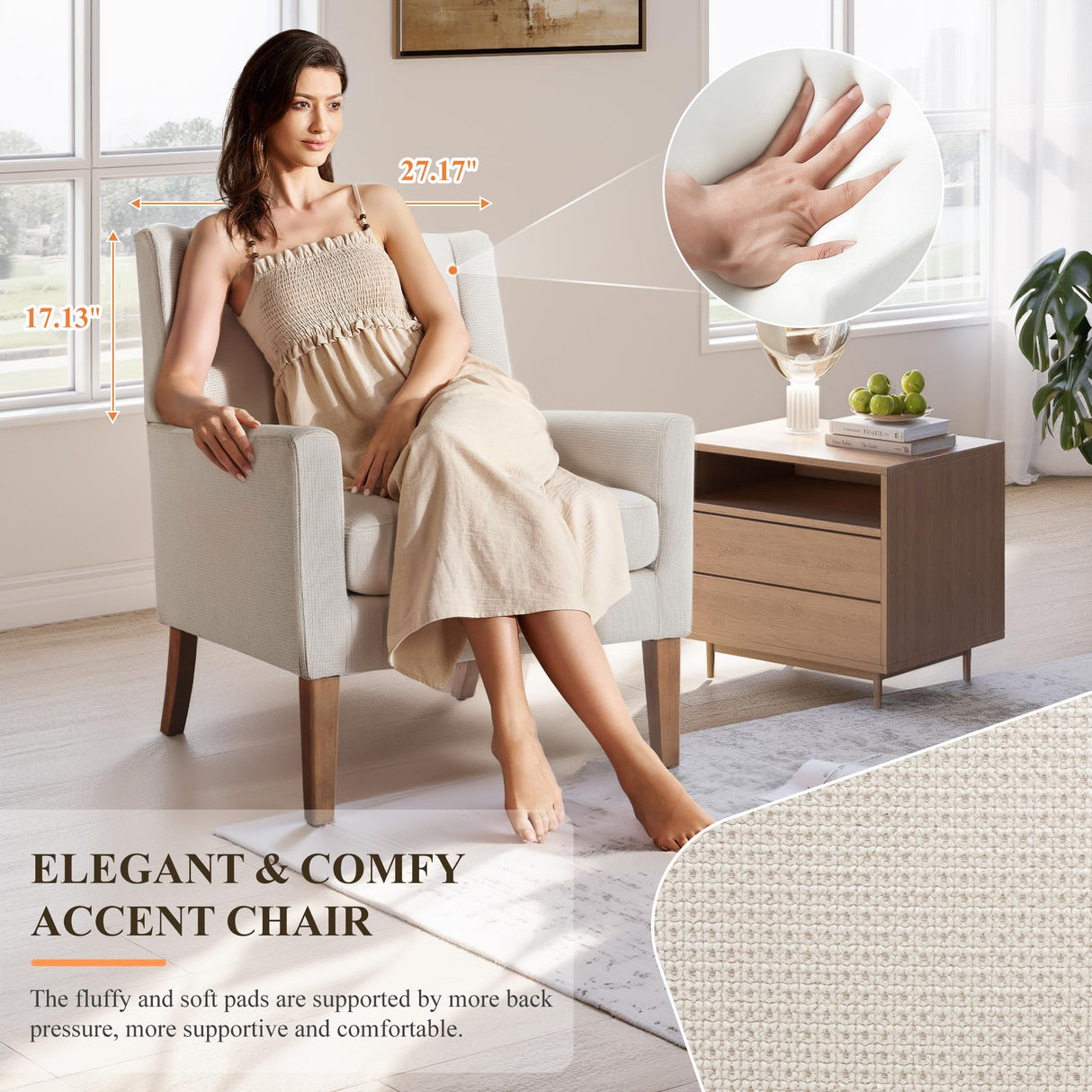 Accent Chairs for Living Room, Mid-Century Wooden Fabric Living Room Chairs, Arm Chair, Side Chairs for Living Room, Bedroom, Reading Nook CHAIRKER