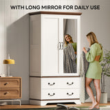 LIKIMIO Armoire Wardrobe Closet with Mirror, 70.1" Wooden Clothing Storage Cabinet with 2 Doors & 2 Drawers, Modern Bedroom Freestanding Wardrobe Combination with Hanging Rod, Cherry with White LIKIMIO