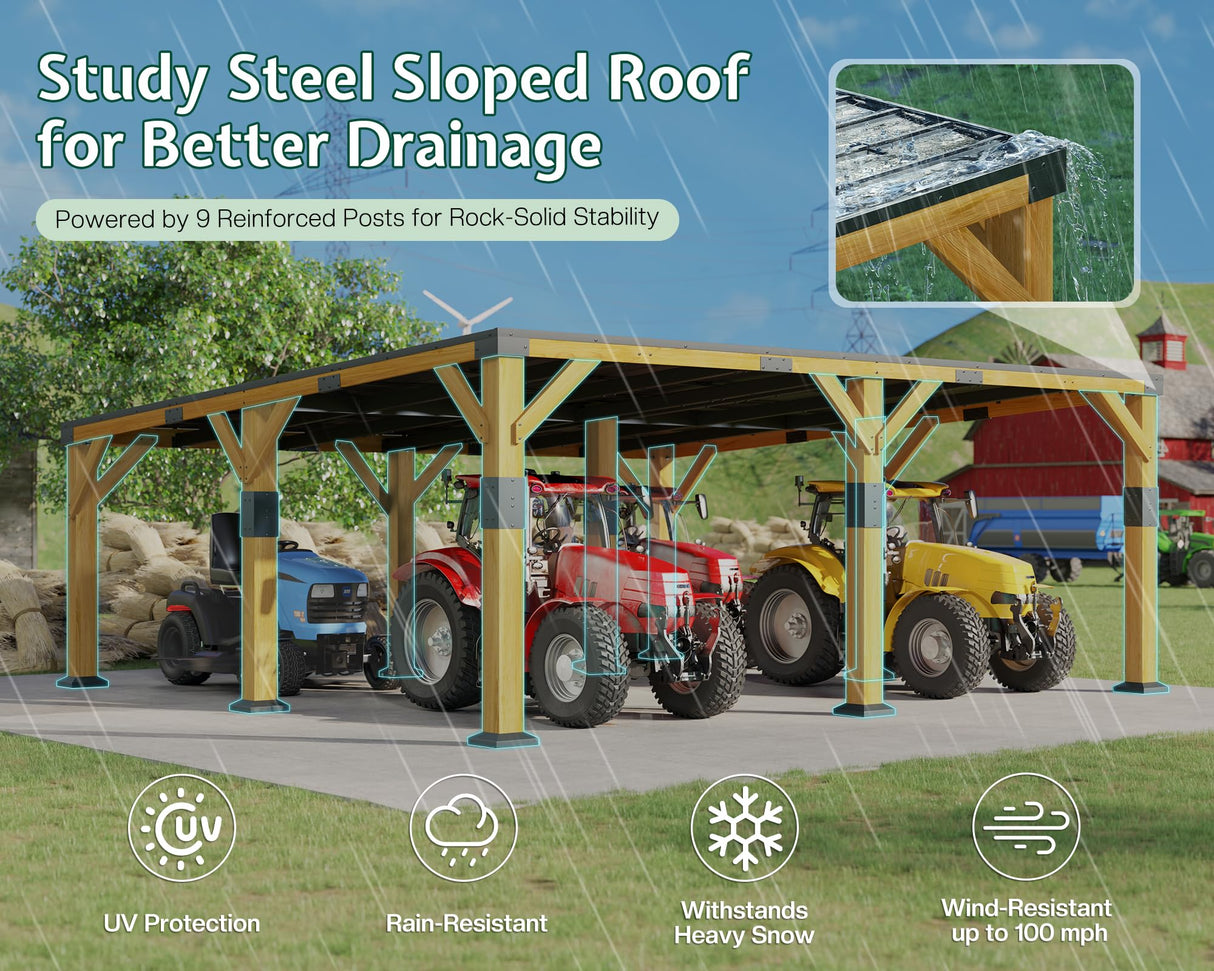 Jocisland 20x20x9.2 FT Cedar Wood Carport with Sloped Galvanized Steel Roof, Heavy Duty Outdoor Shelter for 2 Cars, Trucks, Boats & Tractors, Wind & Snow Resistant Pitch Roof Design Jocisland