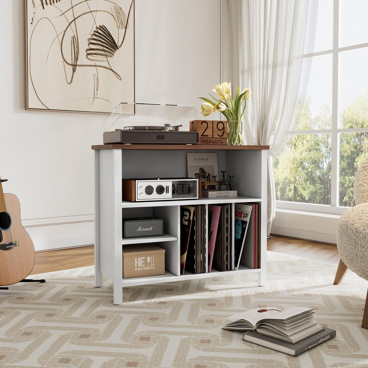 Record Player Stand, Mid-Century Vinyl Record Storage Cabinet, 3-Tier Record Player Holder, Turntable Stand with 4 Cabinet up to 220 Albums, End Table for Bedroom Music Room Living Room, White FFBCFDK