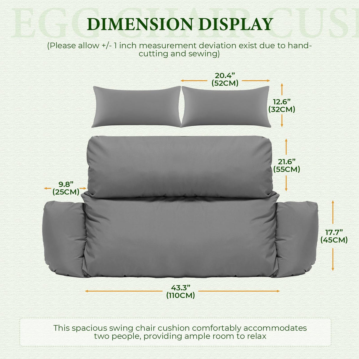 Waterproof Double Egg Chair Cushion Replacement for Patio 2 Person Hanging Egg Chair - Quick-Drying, Weather-Resistant, Soft Cotton Filling, Machine Washable (Grey) Cuteripe