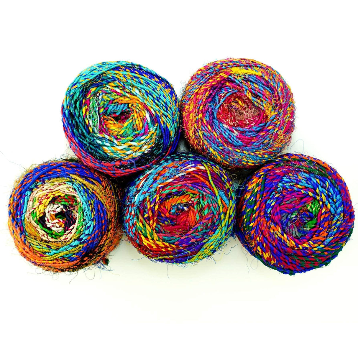 Revolution Fibers Recycled Sari Silk, Multi-Color Pure Silk Yarn, Handspun Used Sari Fabric Ribbon Scraps, Rainbow Yarn for Knitting, Weaving & Crocheting - 100 Grams per Ball Revolution Fibers