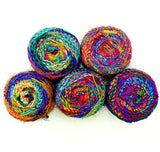 Revolution Fibers Recycled Sari Silk, Multi-Color Pure Silk Yarn, Handspun Used Sari Fabric Ribbon Scraps, Rainbow Yarn for Knitting, Weaving & Crocheting - 100 Grams per Ball Revolution Fibers