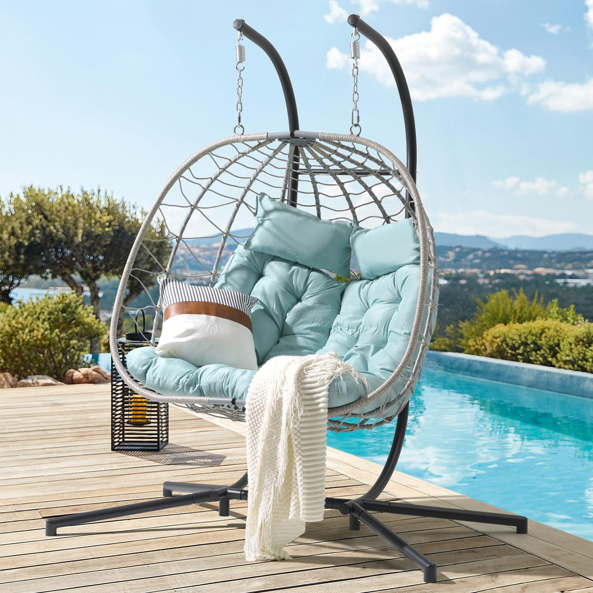 Patiorama 2 Person Double Egg Swing Chair with Stand Indoor Outdoor, Patio Wicker Rattan Hanging Egg Chair w/Cushion, Pillow, Foldable Hammock Chair 550lbs for Bedroom, Balcony, Garden (Light Blue) Patiorama