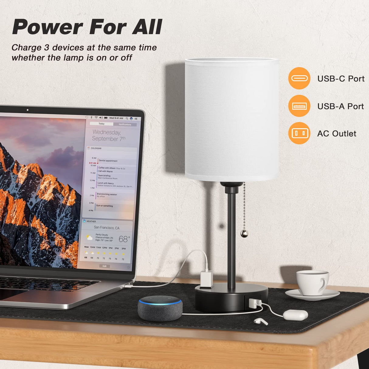Small Bedside Table lamp for Bedroom - 3 Color Temperatures Bedside Lamps with USB C and A Ports, Pull Chain Table Lamps with AC Outlet, White Nightstand Lamps with Black Metal Base for Kids Reading Dicoool