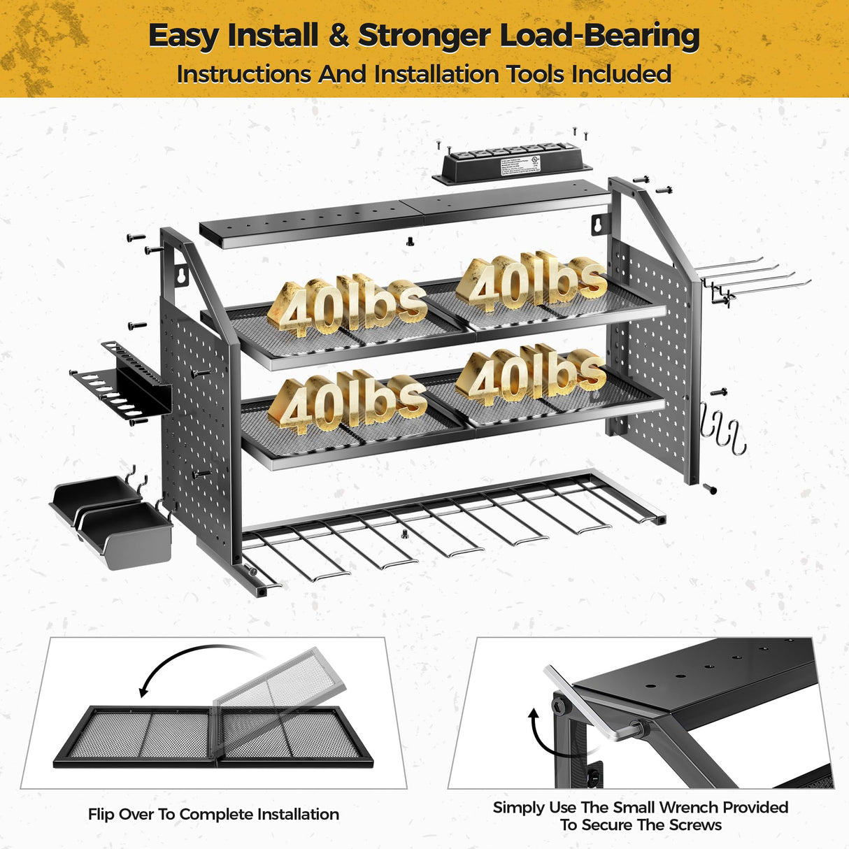 LBT 4 Layer Power Tool Organizer Wall Mount With Charging Station, Patented, 6 Outlet Power Strip, 6 Drill Holder, Heavy Duty Metal Garage Tool Storage Rack, Gifts For Men Fathers Day LBT