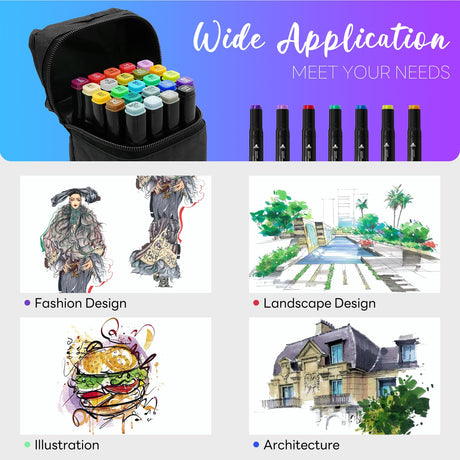 Kebuye Alcohol Based Markers 24 Colors, Drawing Supplies for Adult Coloring Books No Bleeding Dual Tip Art Markers, Coloring Marker for School Sketching Colored Marker Set with Base Kebuye