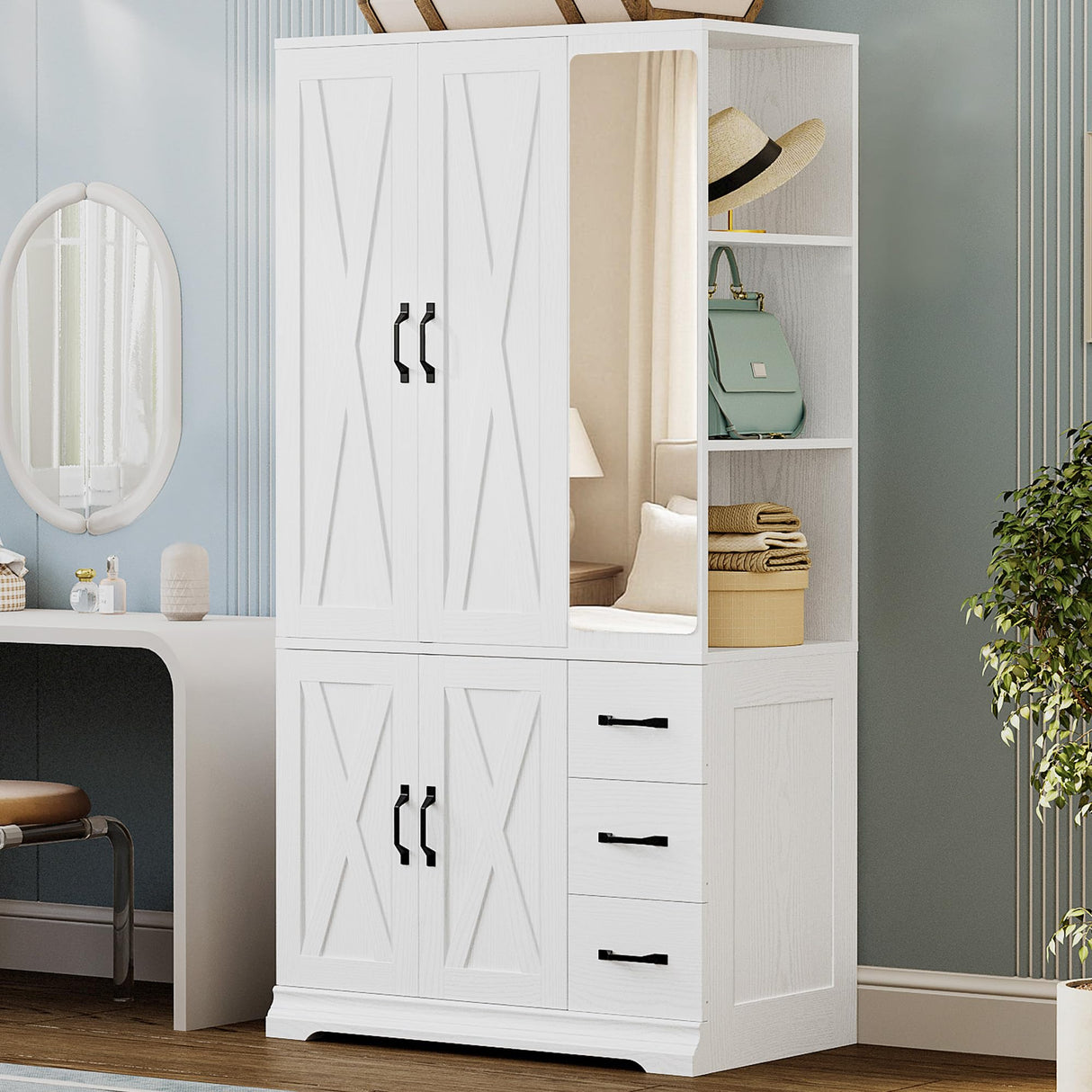 ANCTOR Armoire Wardrobe Closet with Mirror, 70.9" H × 36.2" W, Bedroom Armoires with 4 Doors, 3 Drawers and Shelves, Large Clothing Storage Cabinet for Hanging Clothes, White ANCTOR