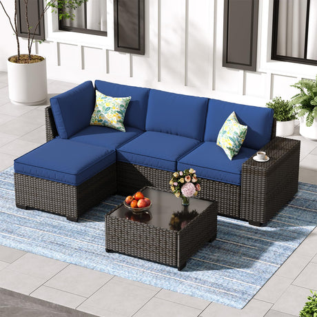 Jing's Villa 5-Piece Patio Furniture Set, All-Weather Outdoor Wicker Sectional Sofa with Cushions, Tempered Glass Table & Ottoman,Rattan Conversation Seating for Porch, Garden, Backyard,Navy Jing's Villa