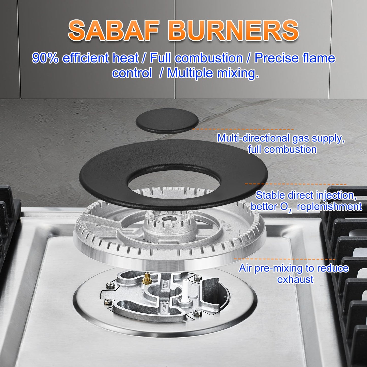 AMZCHEF 30 inch Gas Cooktop with 5 Made in Italy SABAF Power Burners.Max 48,300 BTU/hr Built-in Gas Stove top of 304 Stainless steel,NG/LPG Convertible, ETL.