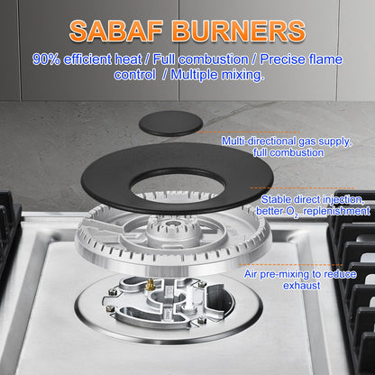 AMZCHEF 30 inch Gas Cooktop with 5 Made in Italy SABAF Power Burners.Max 48,300 BTU/hr Built-in Gas Stove top of 304 Stainless steel,NG/LPG Convertible, ETL.