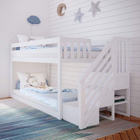 Max & Lily Low Bunk Bed, Twin-Over-Twin Bed Frame For Kids With Stairs, White Max & Lily