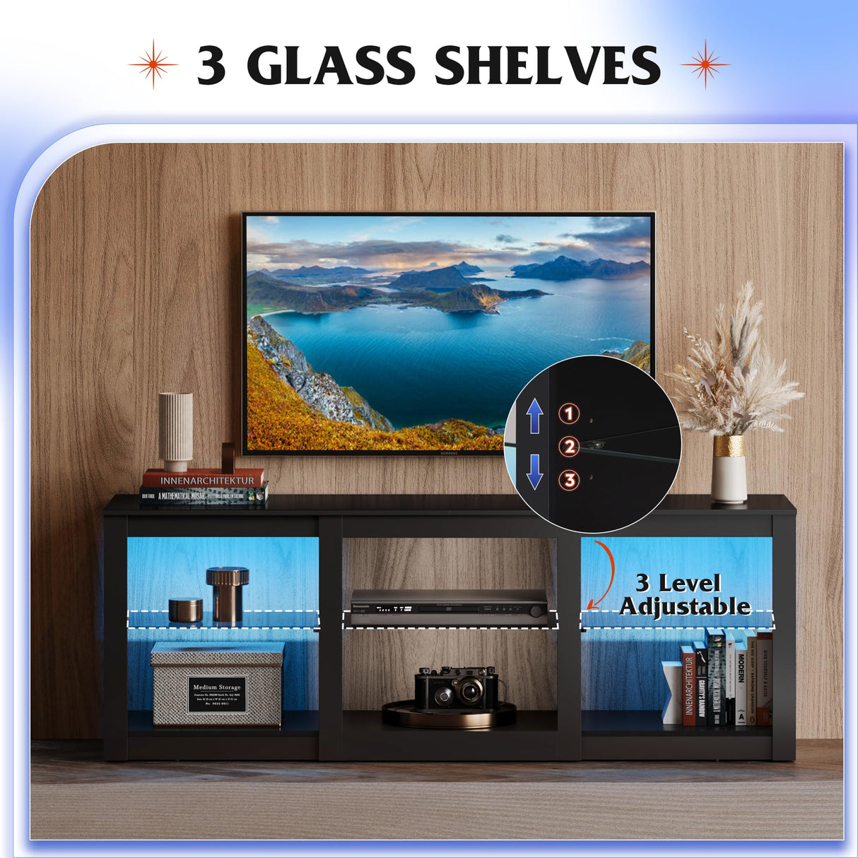 WLIVE LED TV Stand for 65 Inch TV, Modern Entertainment Center with Adjustable Glass Shelves & Customizable LED Lights, Sturdy Media Console for Living Room, Bedroom,Gaming (Black) WLIVE