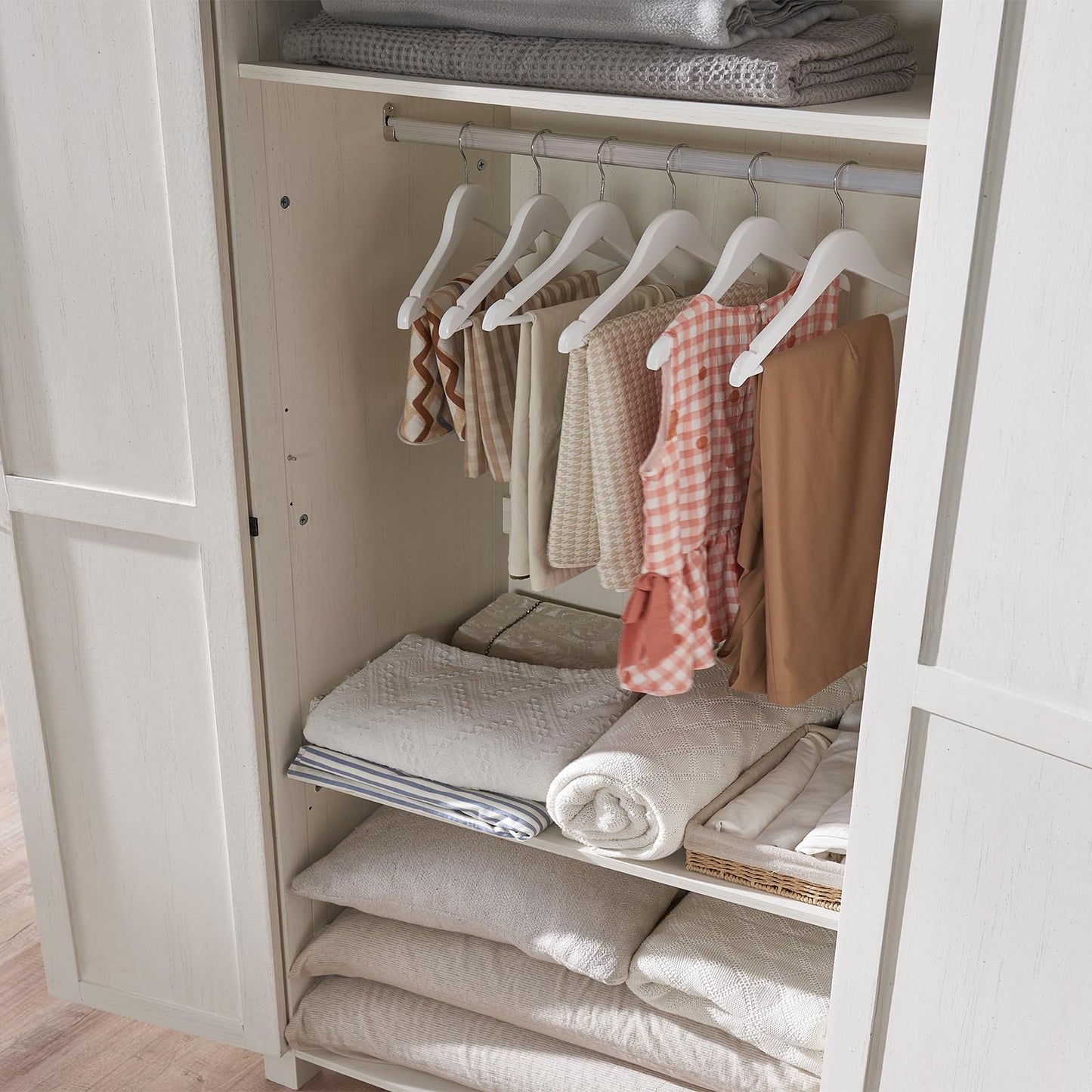 OKD Storage Cabinet, 32''W Farmhouse Kitchen Pantry Cabinet with 2 Barn Doors and Shelves, Rustic Armoire Cabinet w/Hanging Rod, 72'' Tall Linen Cabinet for Kitchen, Bedroom, Laundry, Antique White