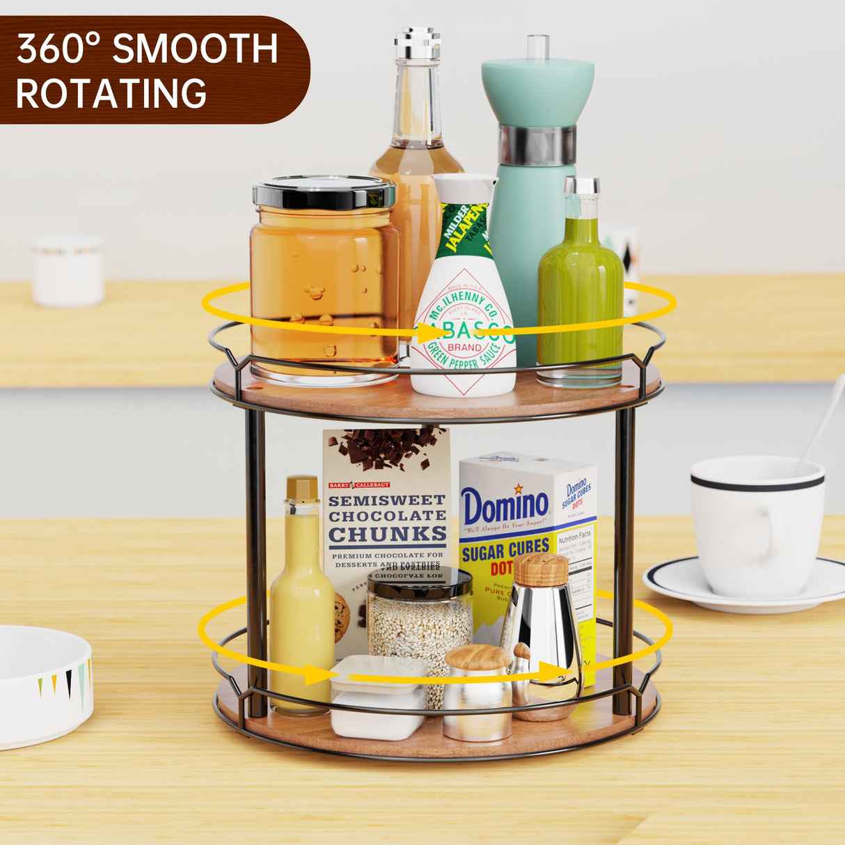 MUTUALUS Lazy Susan Organizer 2 Tier - 12.4" Turntable Spice Rack for Table Top, Wooden Rotating Lazy Susan for Cabinet Pantry Kitchen Countertop Dining Table Cupboard Bathroom Vanity Storage MUTUALUS