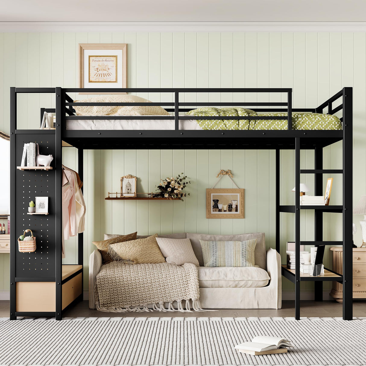Bellemave Queen Size loft Bed with Wardrobe and Storage Shelves and Pegboard Drawers, Metal Queen Loft Bed Frame for Adults, Kids, Teens, Black Bellemave