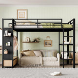 Bellemave Queen Size loft Bed with Wardrobe and Storage Shelves and Pegboard Drawers, Metal Queen Loft Bed Frame for Adults, Kids, Teens, Black Bellemave