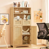 Iwell Tall Storage Cabinet, Rattan Cabinet with 2 Drawers & Adjustable Shelf, Accent Cabinet for Living Room, Dining Room, Home Office, Natural Iwell