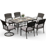 Pamapic 7 Piece Patio Dining Set for 6,Outdoor Wicker Furniture Set for Backyard Garden Deck Poolside with 4 Dining Chairs and 2 Swivel Rockers,Iron Slats Table Top, Removable Cushions(Gray) Pamapic