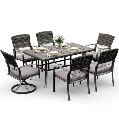 Pamapic 7 Piece Patio Dining Set for 6,Outdoor Wicker Furniture Set for Backyard Garden Deck Poolside with 4 Dining Chairs and 2 Swivel Rockers,Iron Slats Table Top, Removable Cushions(Gray) - WoodArtSupply