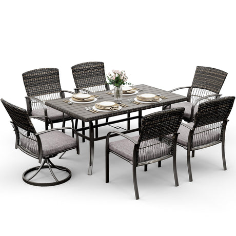 Pamapic 7 Piece Patio Dining Set for 6,Outdoor Wicker Furniture Set for Backyard Garden Deck Poolside with 4 Dining Chairs and 2 Swivel Rockers,Iron Slats Table Top, Removable Cushions(Gray) Pamapic