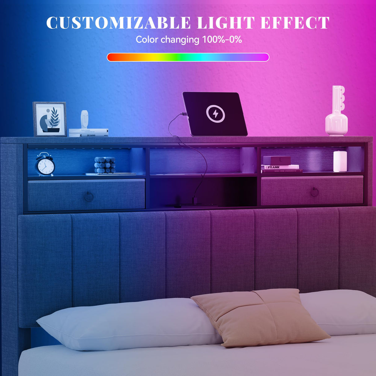 YITAHOME Full Size Bed Frame with Storage Headboard, LED Bed Frame with Drawers and Charging Station, Platform Bed with Sturdy Metal Support, No Box Spring Needed, Grey YITAHOME