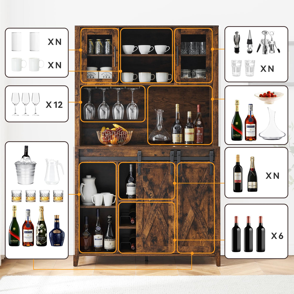 IDEALHOUSE 70'' Wine Coffee Bar Cabinet with Storage Hutch, Tall Kitchen Pantry Liquor Cabinet with Sliding Barn Doors, Bottle Glasses Rack, Farmhouse Buffet for Home Dining Room, Brown IDEALHOUSE