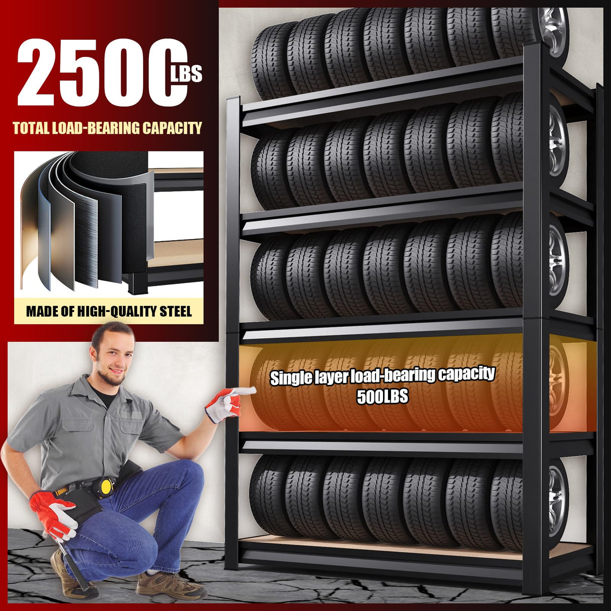 72''H/45''W Garage Shelving Heavy Duty 5-Tier Adjustable Storage Shelves Unit,2500 LBS Metal Utility Rack Shelf for Industries, Warehouses, Basement,Black LBVSKK