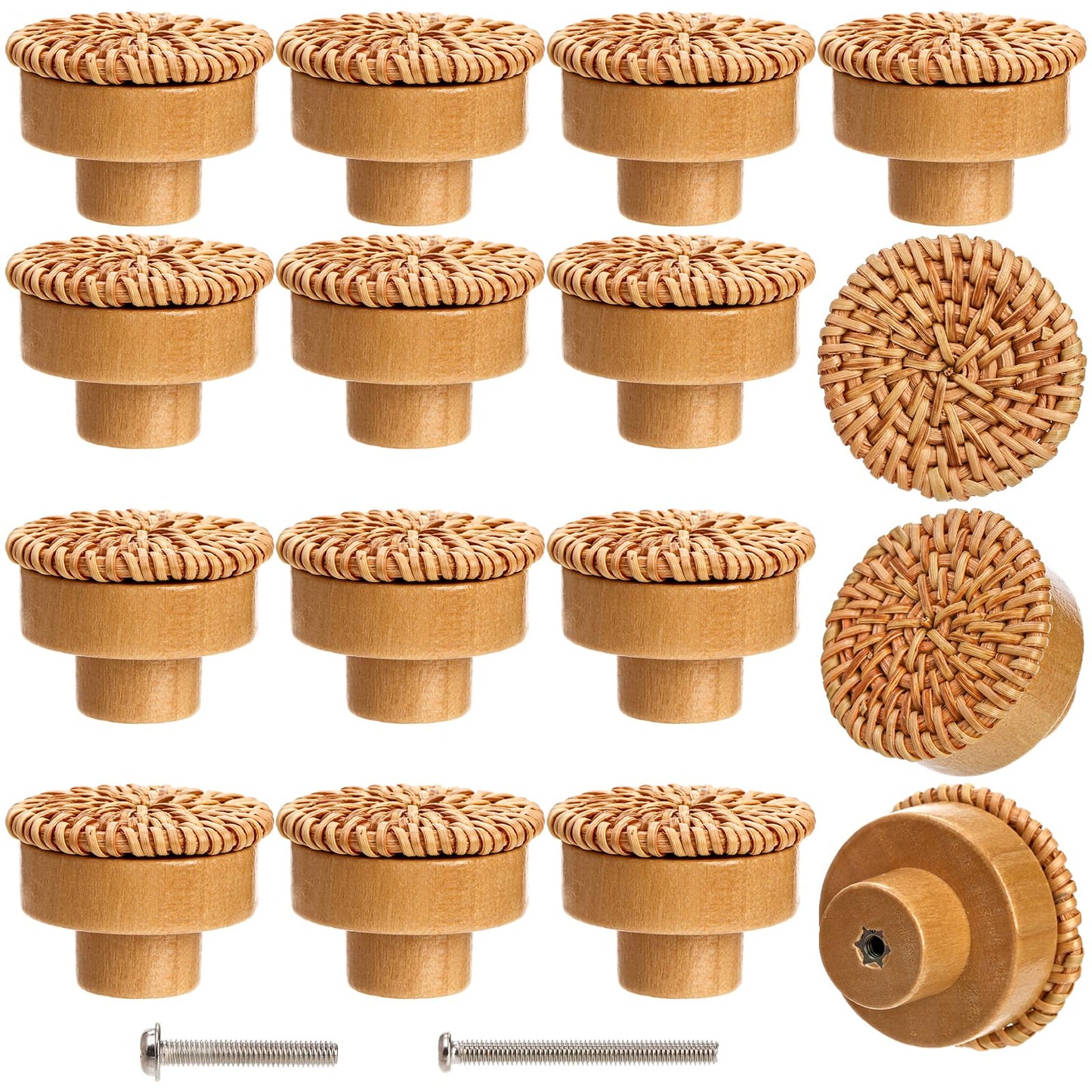 Nicunom 16 Pack Boho Rattan Dresser Knobs, Round Cabinet Knobs Wood Furniture Drawer Knobs with 32 Screws, Handmade Wicker Woven Pulls for Nursery Kitchen Wardrobe Cupboard - WoodArtSupply