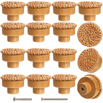 Nicunom 16 Pack Boho Rattan Dresser Knobs, Round Cabinet Knobs Wood Furniture Drawer Knobs with 32 Screws, Handmade Wicker Woven Pulls for Nursery Kitchen Wardrobe Cupboard