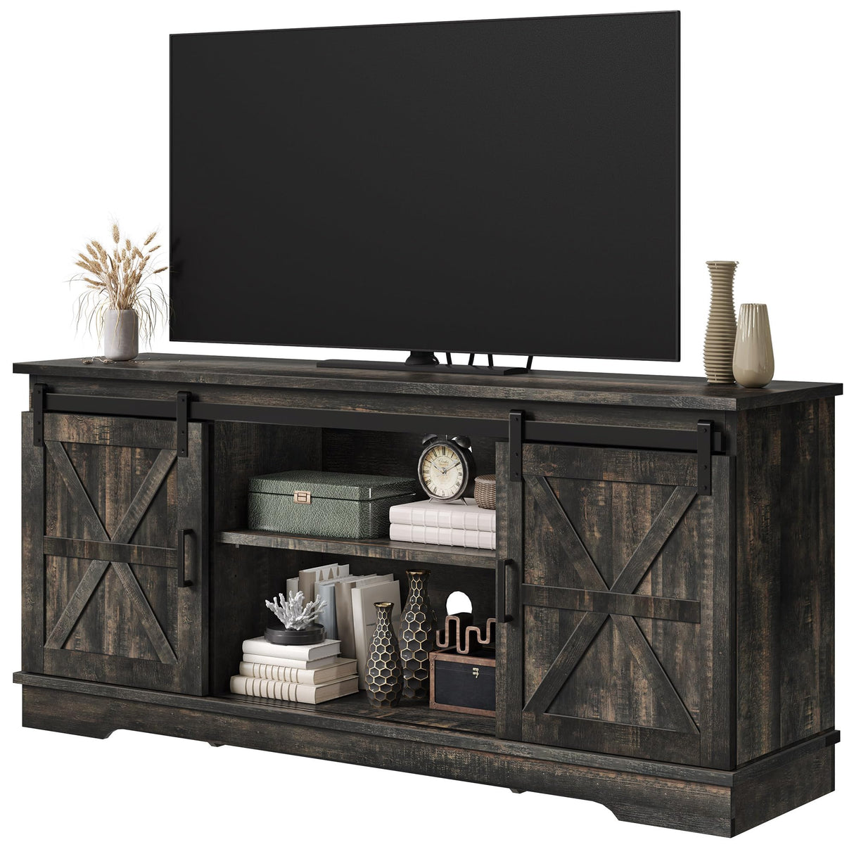 DWVO TV Stand for TVs up to 65 Inch, Farmhouse Entertainment Center with Storage Cabinets and Sliding Barn Doors, Rustic Media TV Console Table for Living Room, Dark Rustic Oak DWVO