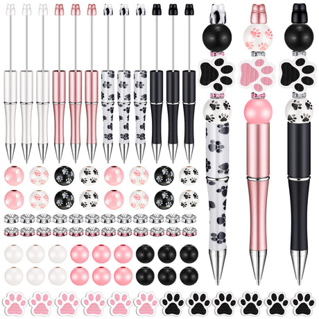 12 Set Plastic Beadable Pens Assorted Bead Pens Wood Beads Crystal Spacer Beads Set Round Beads Black Ink Ballpoint Pen DIY Bead Pen Set for Women Kids Gifts School Office Supplies (Dog Paw) Geyee