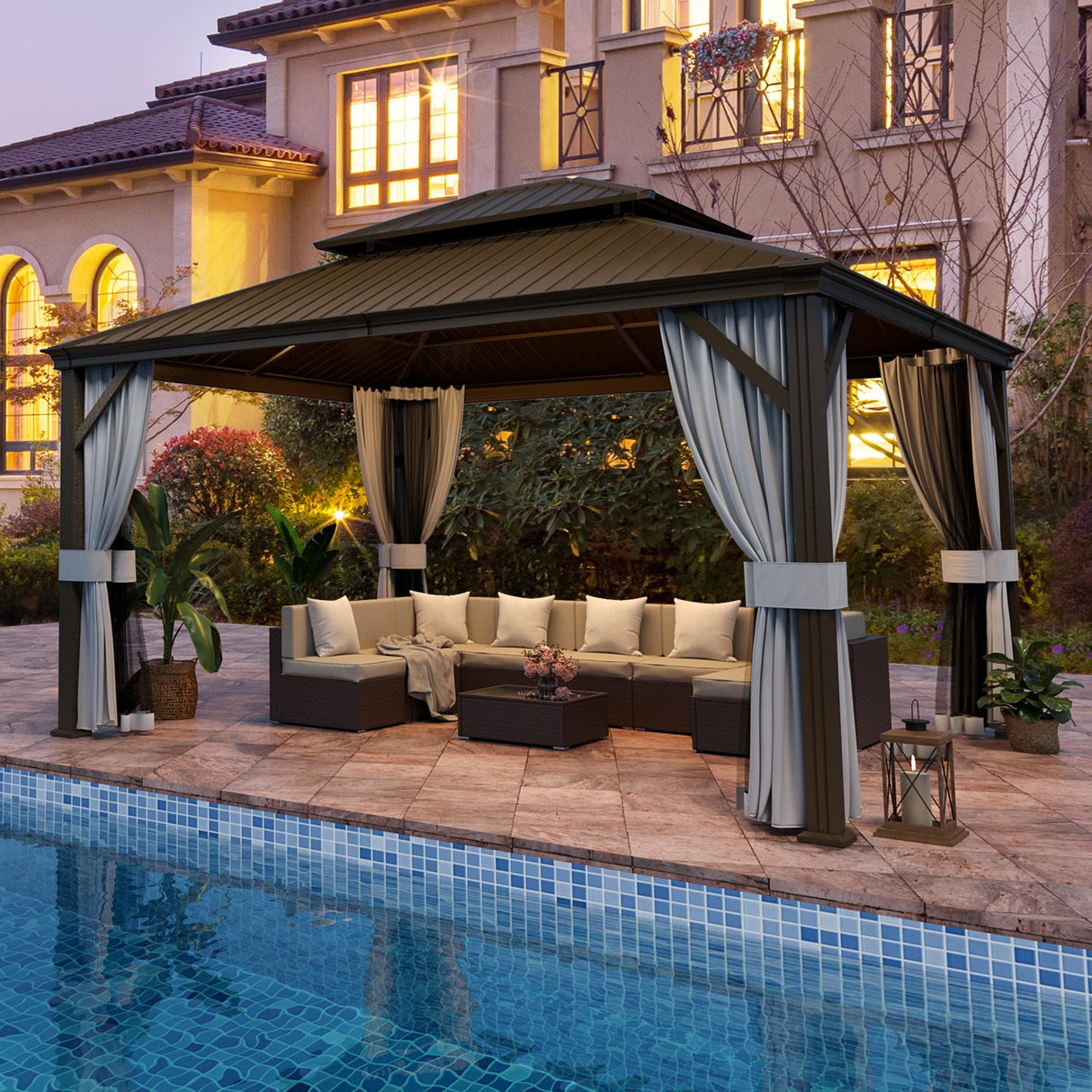 PAMAPIC 12'x14' Hardtop Gazebo, Double Roof Canopy with Netting and Curtains,2-Tier Hardtop Gazebo with Galvanized Iron Aluminum Frame, GardenTent for Backyard, Parties, Garden, Brown Pamapic